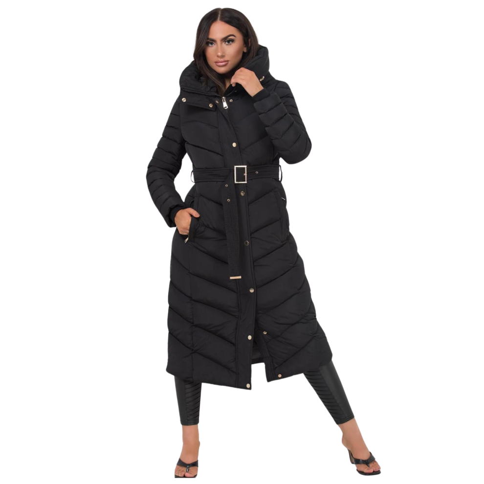 (Black, L) LADIES PUFFER HOODED QUILTED PADDED JACKET WOMENS CASUAL LONG WINTER PUFFA COAT