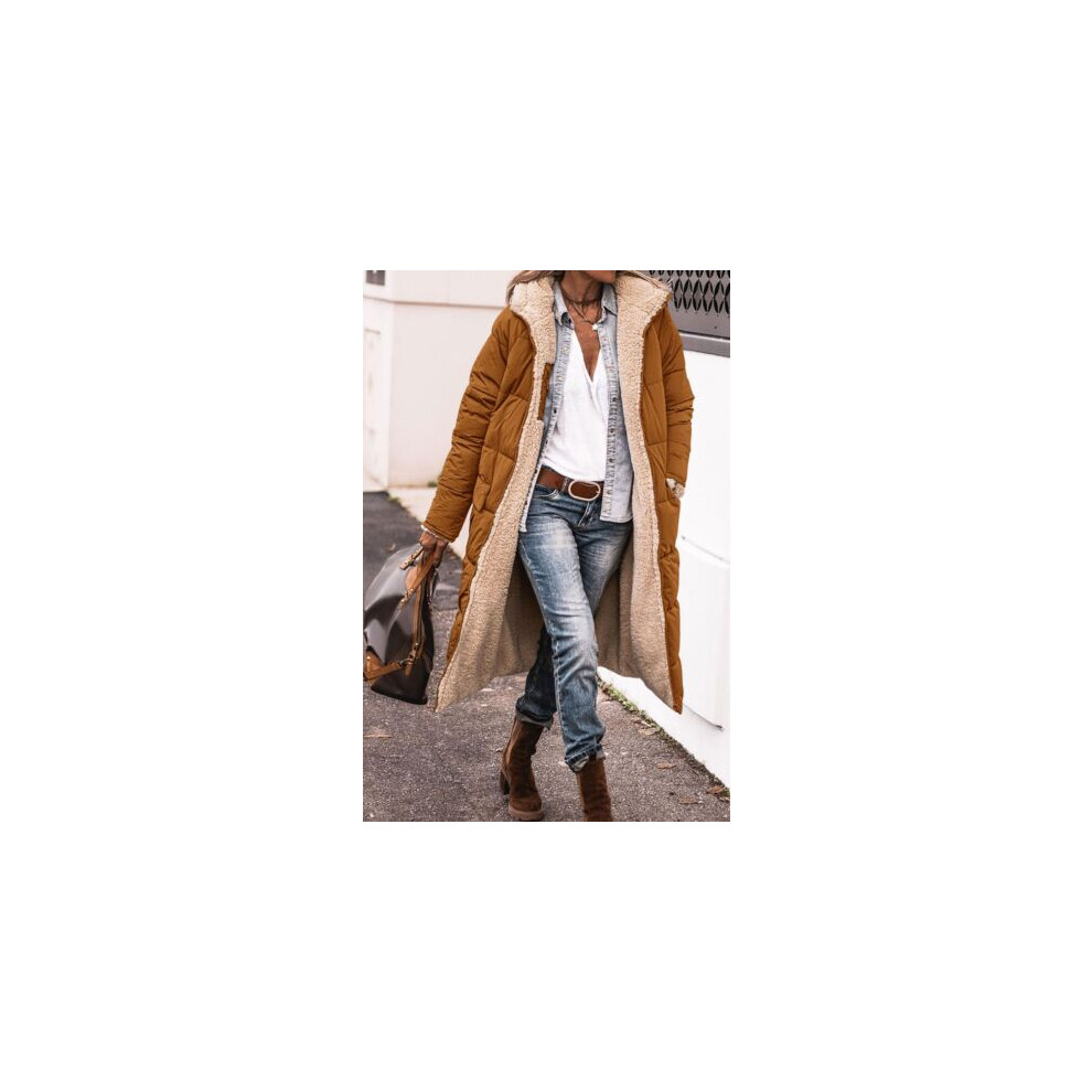(Dark Brown, XL) Women's Long Coat Fur Fleece Hooded Jacket Zip Up Winter Parka Coat Outwear 8-22