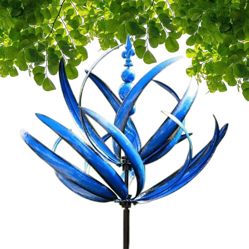 (Blue) Outdoor Wind Spinner, Harlow Wind Spinner Rotator, Unique And Magical Metal Windmill, Dynamic 3d Lotus Windmill With Garden Stake