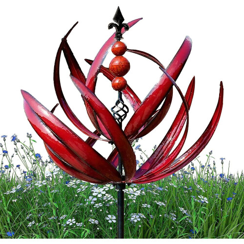(Red) Outdoor Wind Spinner, Harlow Wind Spinner Rotator, Unique And Magical Metal Windmill, Dynamic 3d Lotus Windmill With Garden Stake