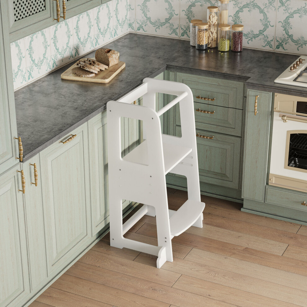 (White) Avery Wooden Kitchen Helper Step Kids Toddler Baby Learning Tower with Safety Rail