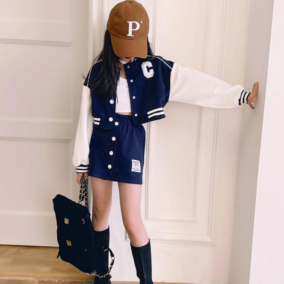 (navy blue, 140) Girls Loose Fashion Dance Clothes Spring And Autumn Large Size Baseball Uniform Jacket Top + Skirt 2-piece Set