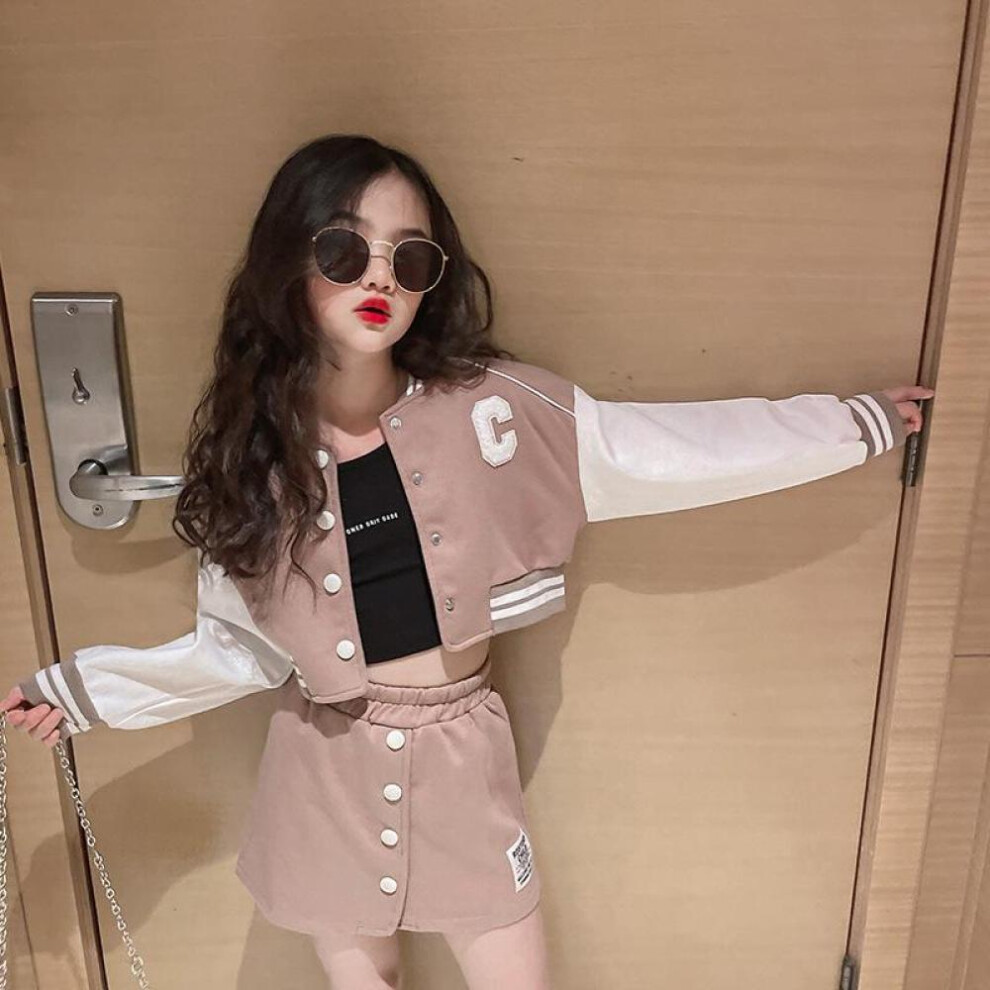 (pink, 120) Girls Loose Fashion Dance Clothes Spring And Autumn Large Size Baseball Uniform Jacket Top + Skirt 2-piece Set