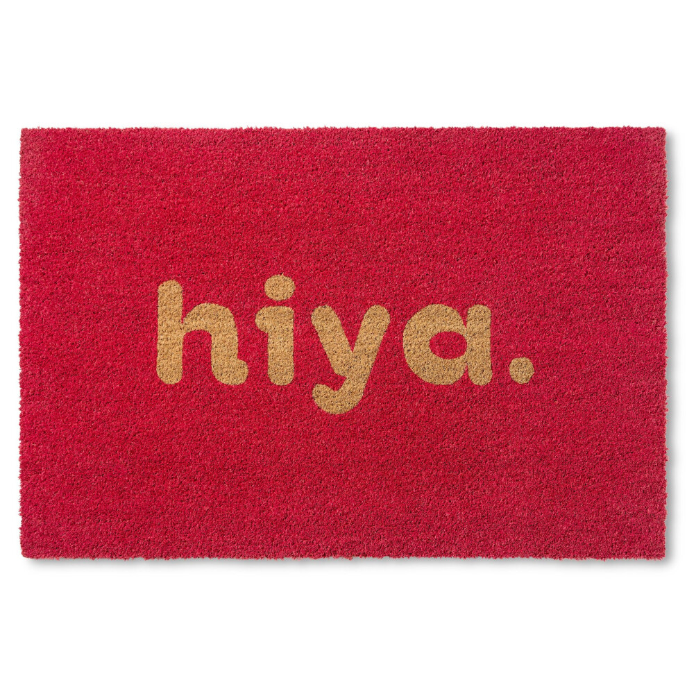 TOWN  COUNTRY TERRA Hiya Painted Welcome Door Mat  Natural Coir  Heavyweight  NonSlip Entryway Mat  Red  18x30