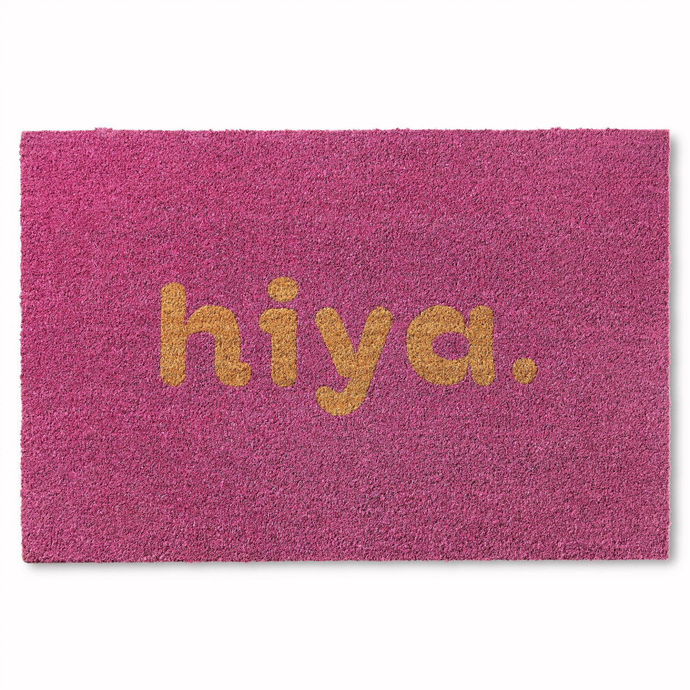 TOWN  COUNTRY TERRA Hiya Painted Welcome Door Mat  Natural Coir  Heavyweight  NonSlip Entryway Mat  Purple  18x30