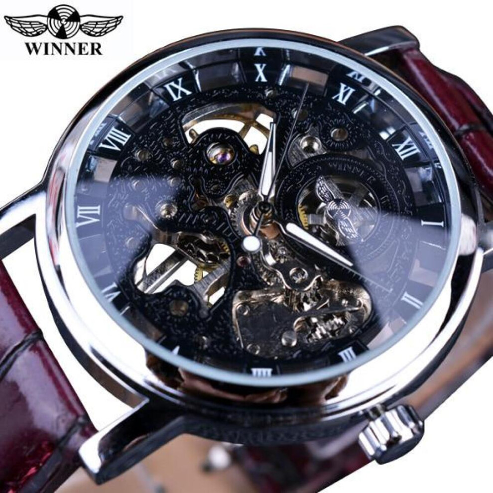 (black) Winner Transparent Golden Case Luxury Casual Design Brown Leather Strap Mens Watches Top Brand Luxury Mechanical Skeleton Watch