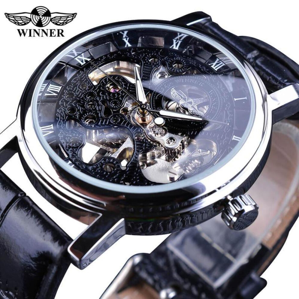(grey) Winner Transparent Golden Case Luxury Casual Design Brown Leather Strap Mens Watches Top Brand Luxury Mechanical Skeleton Watch