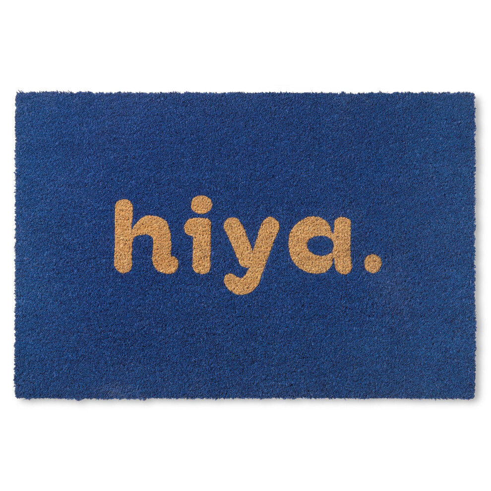 TOWN  COUNTRY TERRA Hiya Painted Welcome Door Mat  Natural Coir  Heavyweight  NonSlip Entryway Mat  Blue  18x30