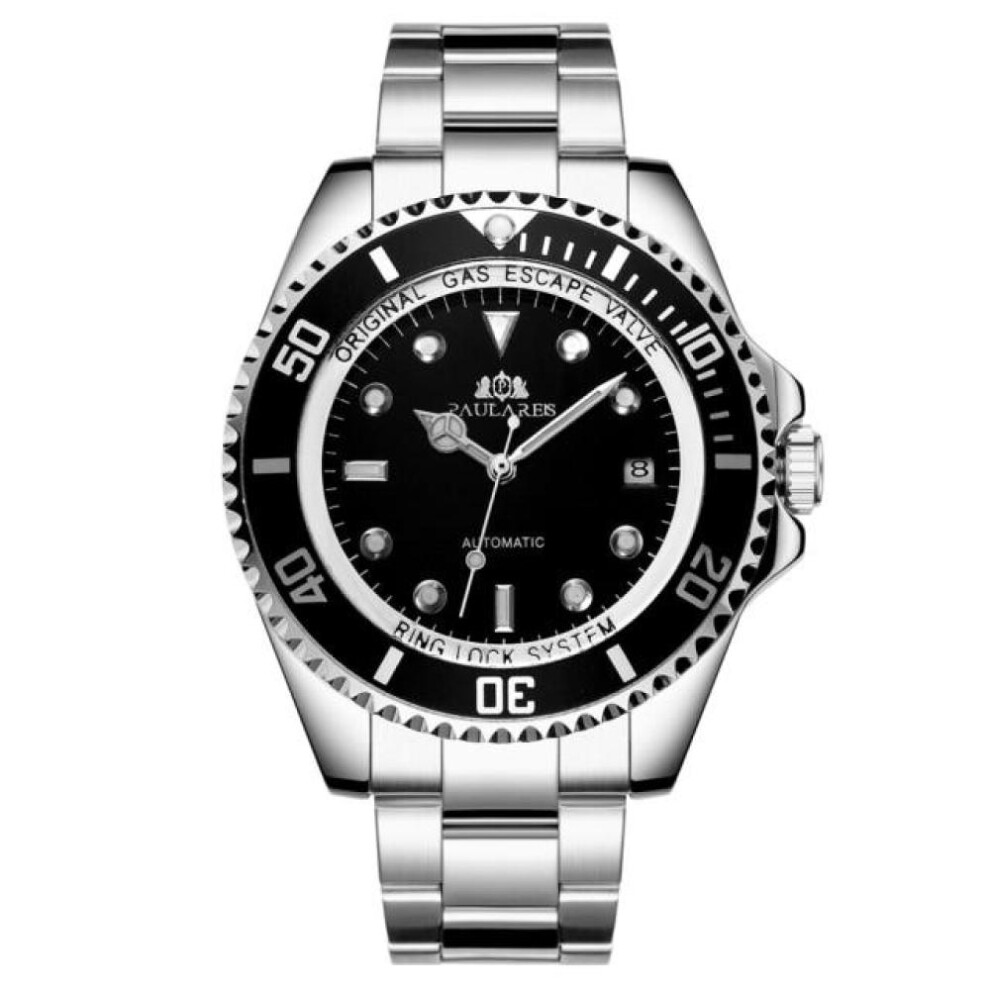 (black) Paulareis Automatic Self Wind Mechanical Stainless Steel Strap Gold Silver Gradient Black Blue Dial Date Business Men Watch