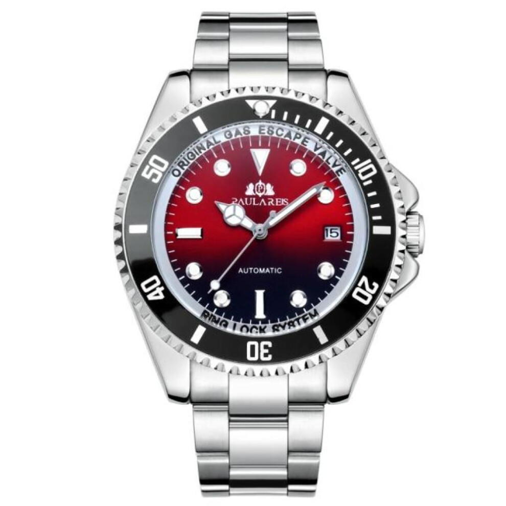 (red) Paulareis Automatic Self Wind Mechanical Stainless Steel Strap Gold Silver Gradient Black Blue Dial Date Business Men Watch