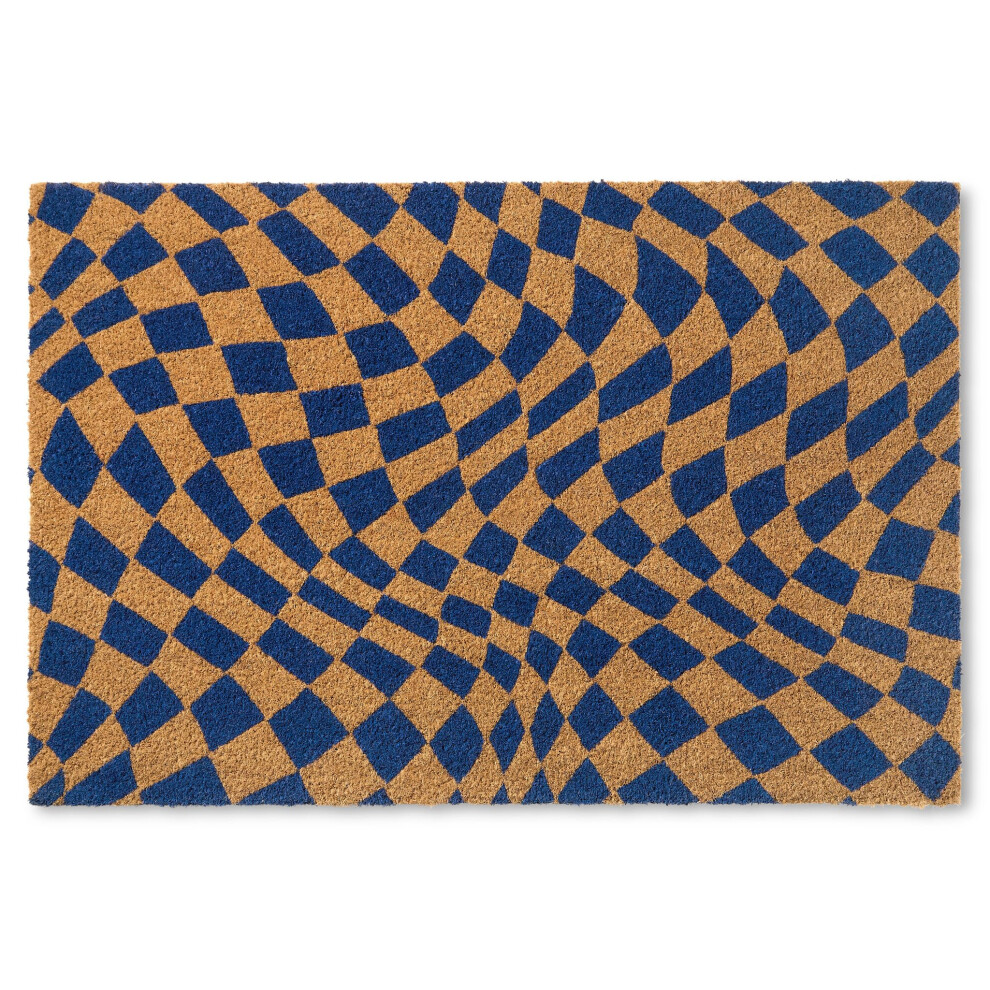 TOWN  COUNTRY TERRA Emmett Groovy Checkerboard Door Mat  Natural Coir  Heavyweight  NonSlip Entryway Mat  Blue  18x30