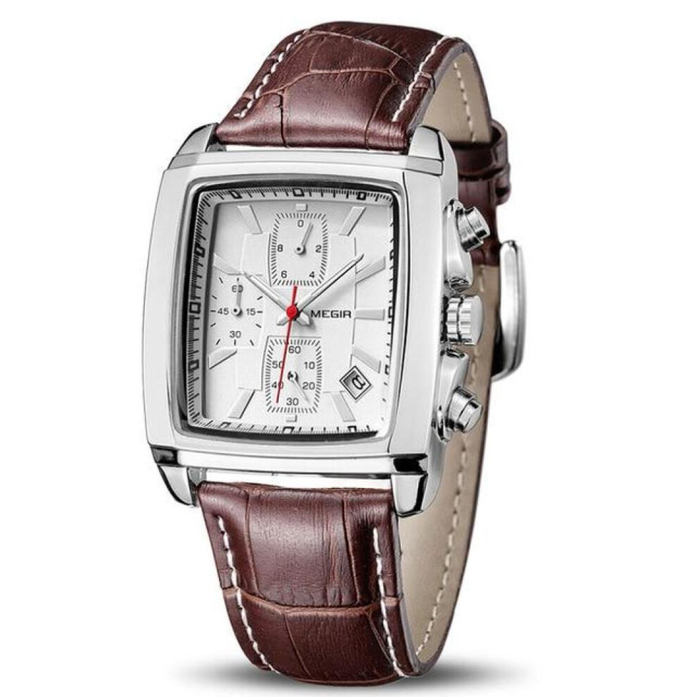 (white) Megir Original Watch Men Top Brand Luxury Rectangle Quartz Military Watches Waterproof Luminous Leather Wristwatch Men Clock 2028