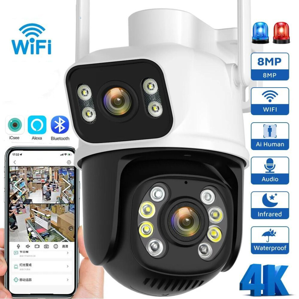 (EU Plug) 2024 New 8mp Ptz Wifi Camera Outdoor Night Vision Dual Screen Human Detection Security Protection Cctv Surveillance Ip Camera