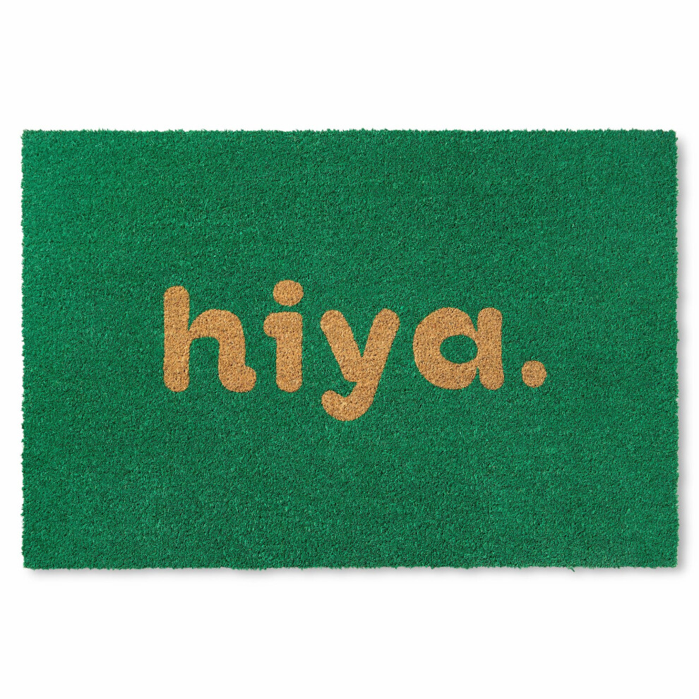 TOWN  COUNTRY TERRA Hiya Painted Welcome Door Mat  Natural Coir  Heavyweight  NonSlip Entryway Mat  Green  18x30