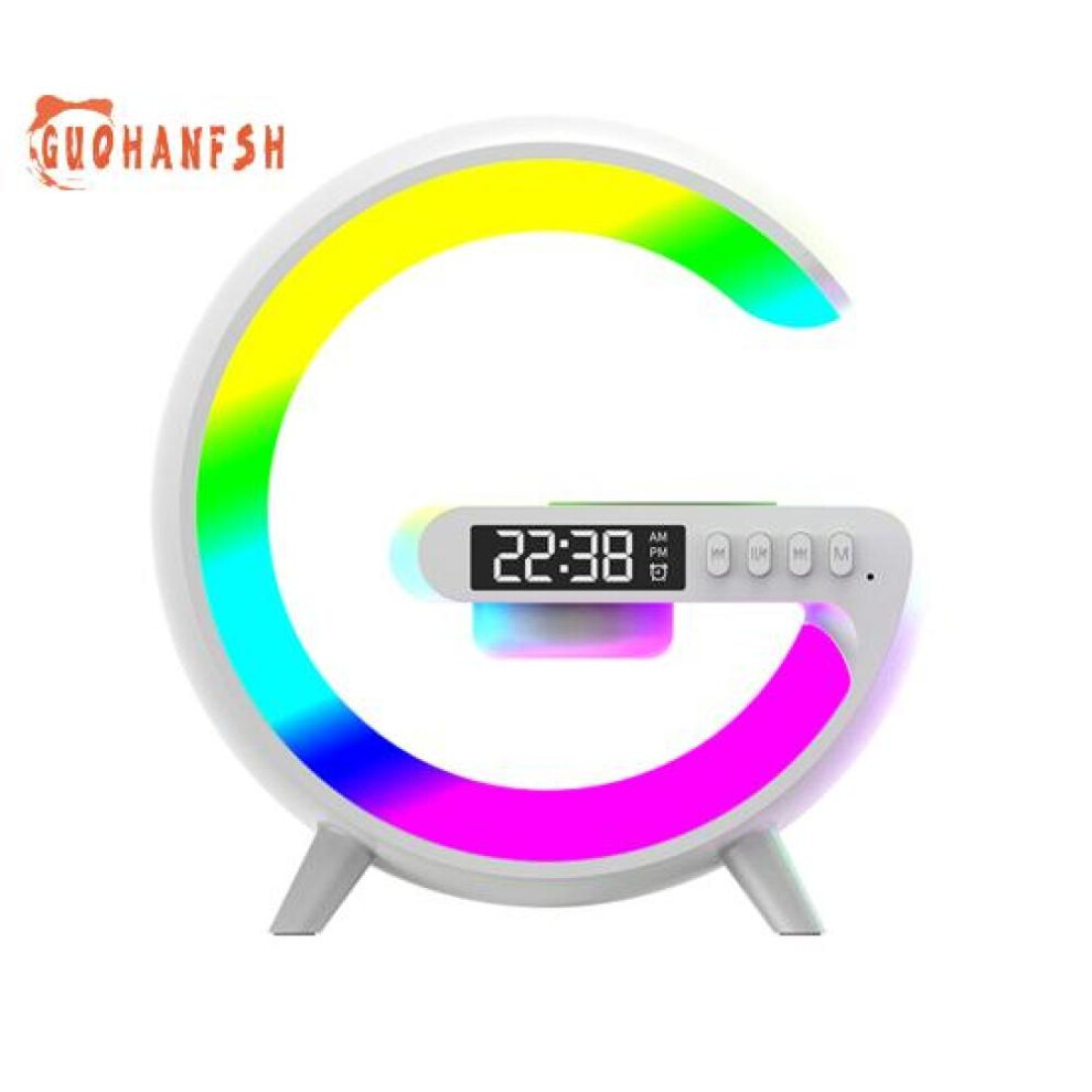 (white) 4-in-1 Wireless Speaker Charger Bedside Light With Music Sync, App Remote Control - G-shaped Led Speaker Lamp