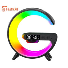 (black) 4-in-1 Wireless Speaker Charger Bedside Light with Music Sync, APP Remote Control - G-shaped LED Speaker Lamp