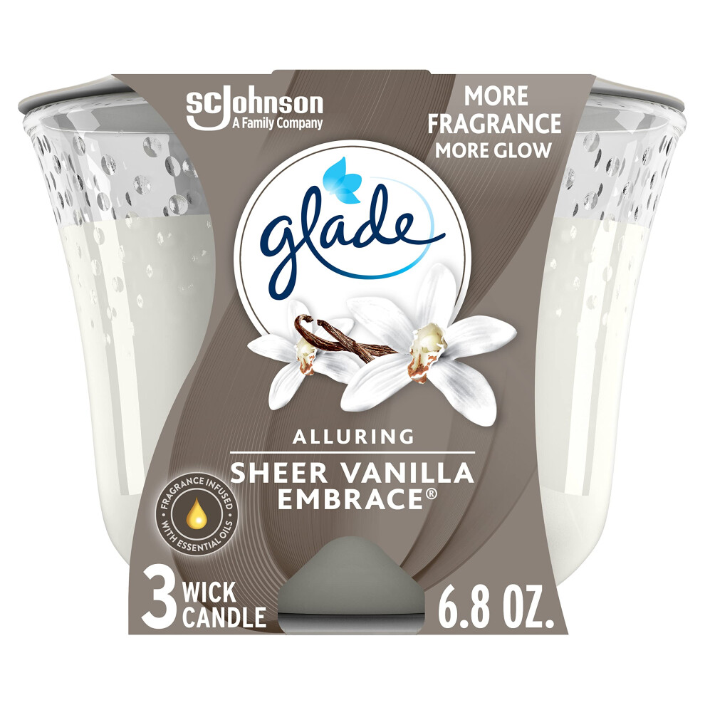 Glade Candle Sheer Vanilla Embrace  Fragrance Candle Infused with Essential Oils  Air Freshener Candle  3Wick Candle  68 Oz