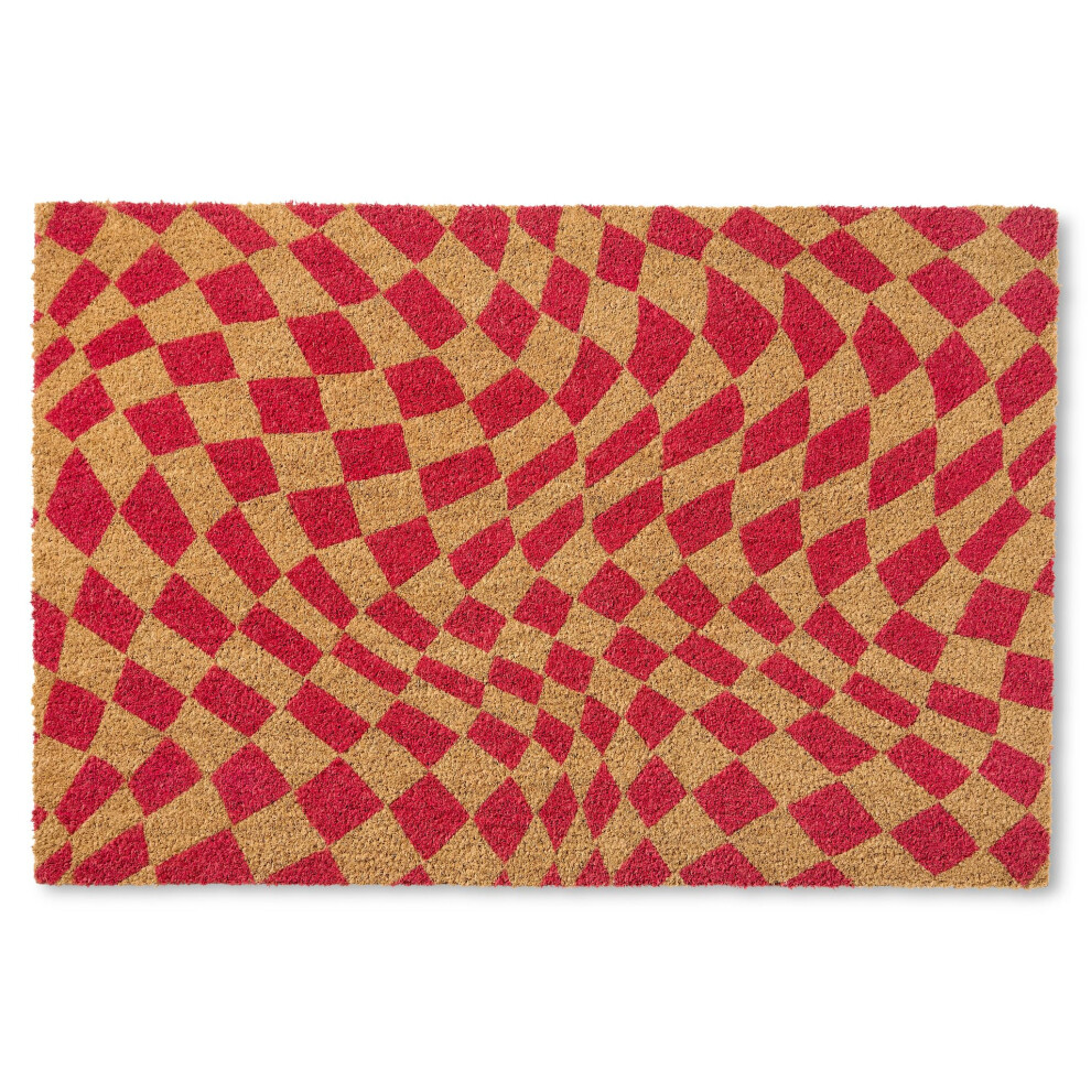 TOWN  COUNTRY TERRA Emmett Groovy Checkerboard Door Mat  Natural Coir  Heavyweight  NonSlip Entryway Mat  Red  18x30