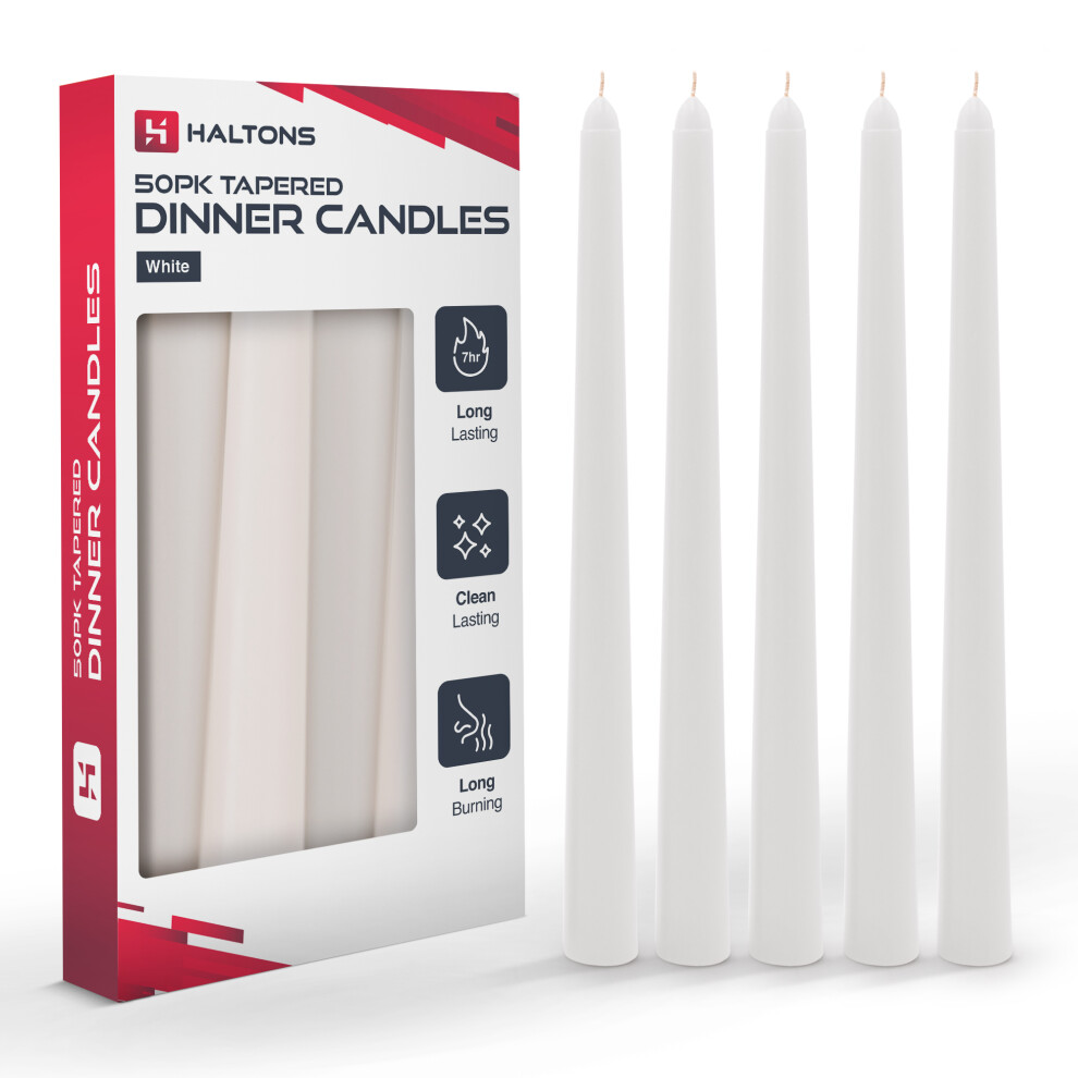 Keplin Haltons 50 Pack Tapered Dinner Candles Unscented Long Candlesticks, 7 Hour Burn Time Clean Burning (White) White