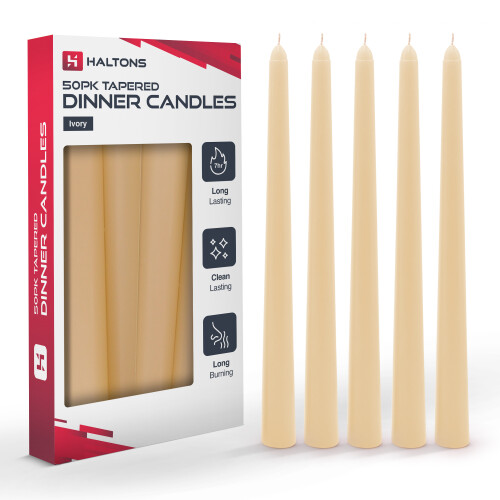Haltons 50 Pack Tapered Dinner Candles Unscented Long Candlesticks, 7 Hour Burn Time Clean Burning (Ivory)