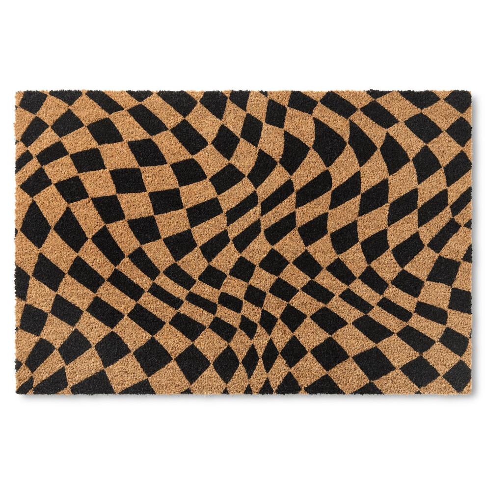 TOWN  COUNTRY TERRA Emmett Groovy Checkerboard Door Mat  Natural Coir  Heavyweight  NonSlip Entryway Mat  Black  18x30