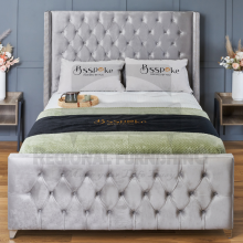 (Small Double-4ft (With Gas Lift), Silver Plush) Plush Velvet Double Chesterfield Bed Frame Includes Mattress With Ottoman GasLift