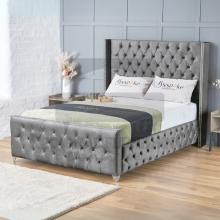 (Small Double-4ft (With Gas Lift), Grey Plush) Plush Velvet Double Chesterfield Bed Frame Includes Mattress With Ottoman GasLift