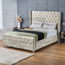 (Small Double-4ft (With Gas Lift), Cream Plush Velvet) Plush Velvet Double Chesterfield Bed Frame Includes Mattress With Ottoman GasLift