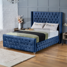 (Small Double-4ft (With Gas Lift), Royal Blue Plush) Plush Velvet Double Chesterfield Bed Frame Includes Mattress With Ottoman GasLift