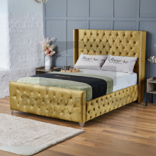 (Small Double-4ft (With Gas Lift), Mustard Plush) Plush Velvet Double Chesterfield Bed Frame Includes Mattress With Ottoman GasLift