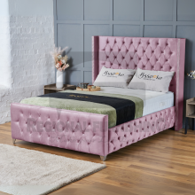 (Small Double-4ft (With Gas Lift), Pink Plush) Plush Velvet Double Chesterfield Bed Frame Includes Mattress With Ottoman GasLift