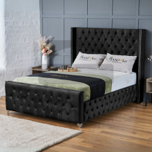 (Small Double-4ft (Without Gas Lift), Black Plush) Plush Velvet Double Chesterfield Bed Frame Includes Mattress With Ottoman GasLift