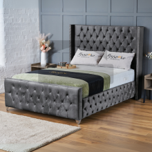 (Small Double-4ft (Without Gas Lift), Steel Plush) Plush Velvet Double Chesterfield Bed Frame Includes Mattress With Ottoman GasLift