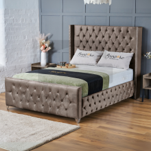 (Small Double-4ft (Without Gas Lift), Mink Plush) Plush Velvet Double Chesterfield Bed Frame Includes Mattress With Ottoman GasLift