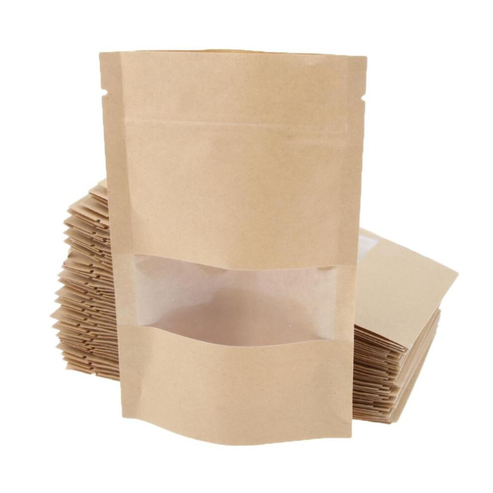(as the picture, 9x14+3) 50x Kraft Paper Bag Stand Up Pouch Food Zip Lock Packaging W/ Window 9x14+3