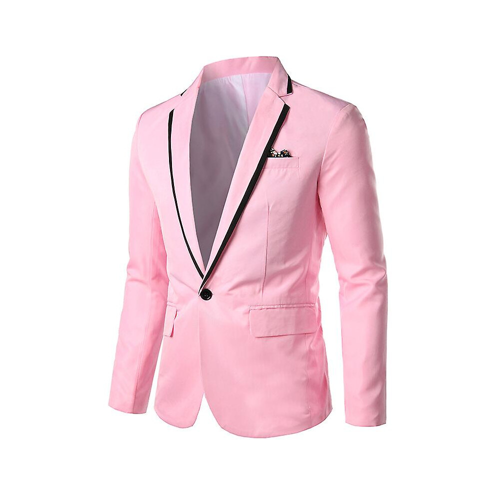 (Pink, 2XL) Men's Suit Blazer British Style Casual Business Color Block Jacket