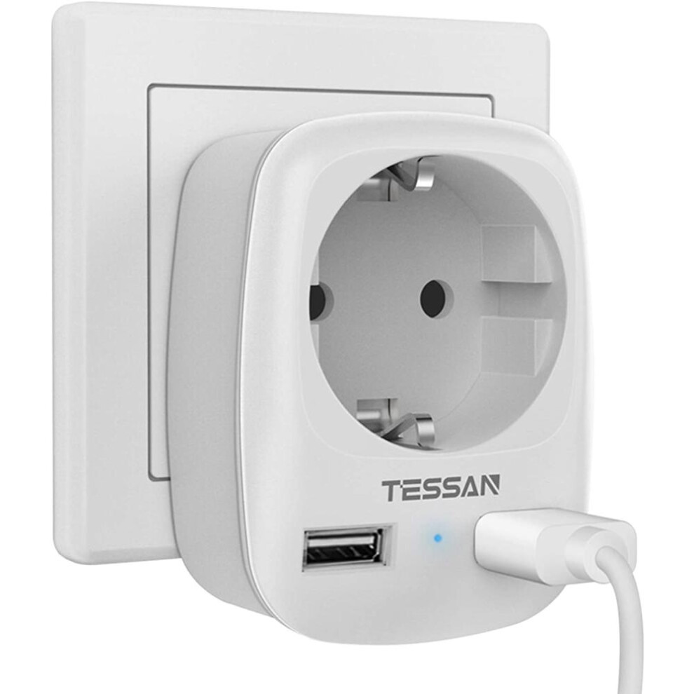(gray, 1 Outlet & 2 USB Ports) Tessan Eu Plug Wall Socket Extender With Usb Ports,  Portable 3 In 1 Power Strip Adapter Travel Charger With Overload Protection