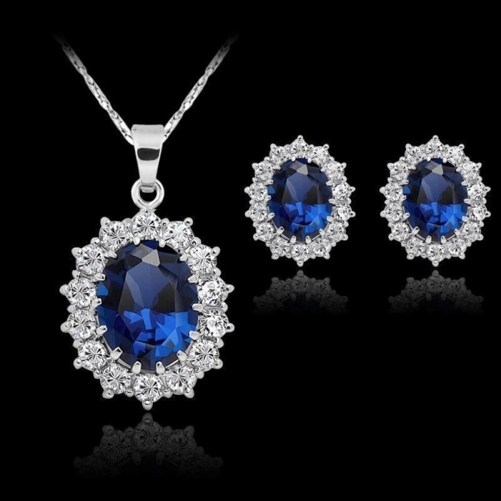 (SET) Bridal Fashion Jewelry Sets For Women Blue Full Crystal Flower Pendant Necklace Earring Set
