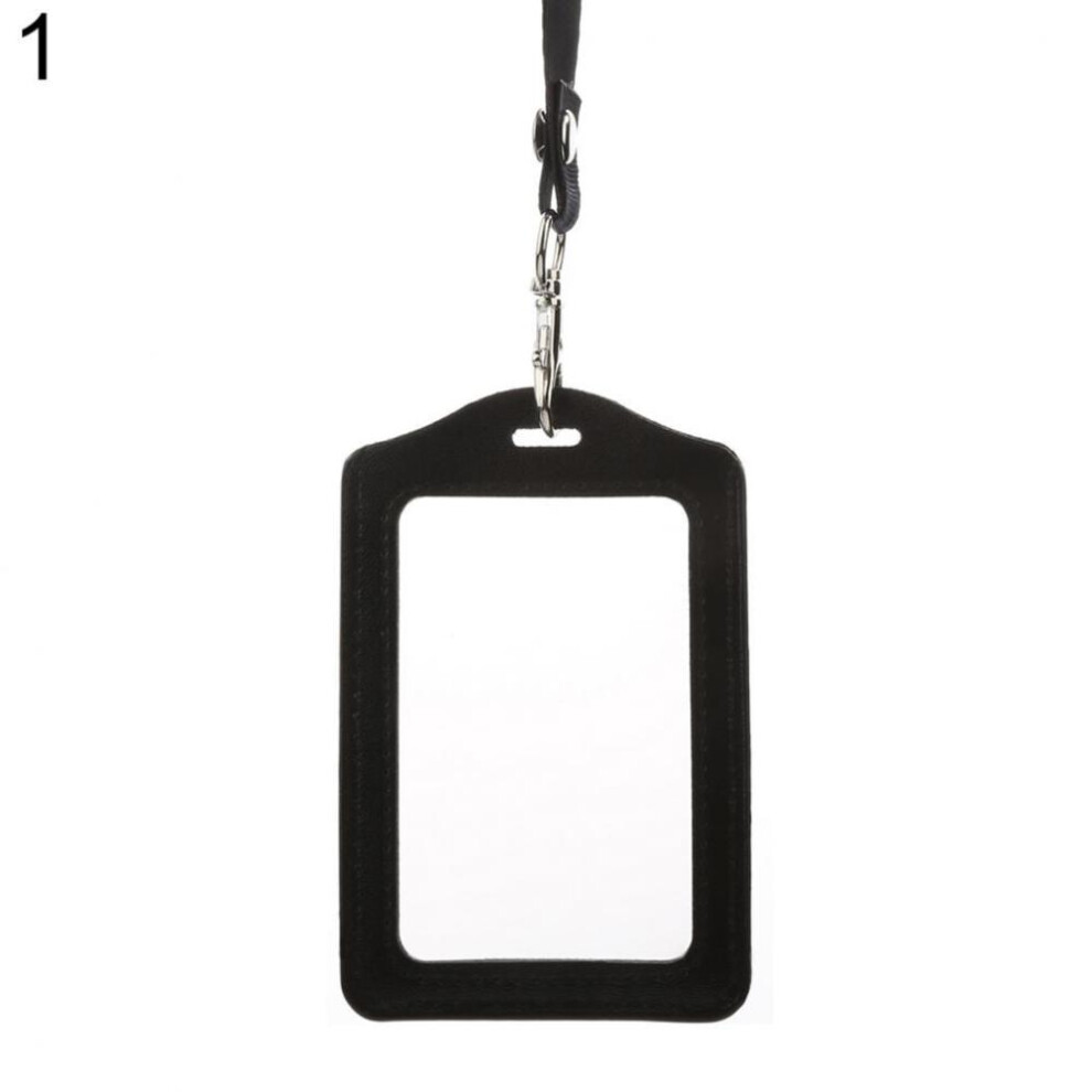 Fashionable Id Badge Card Holder Faux Leather Frame Clear Case Cover Lanyard