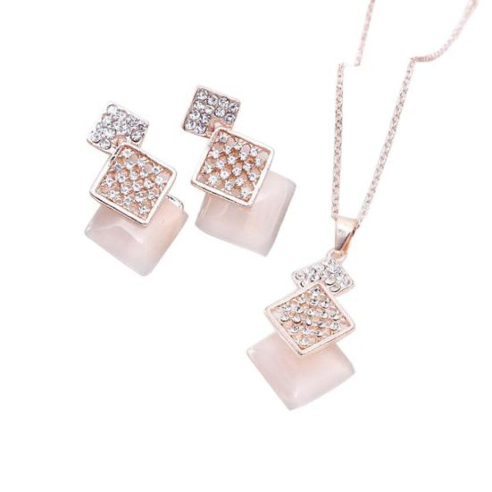 Women Squares Shape Pendant Chain Necklace Earrings Jewelry Set