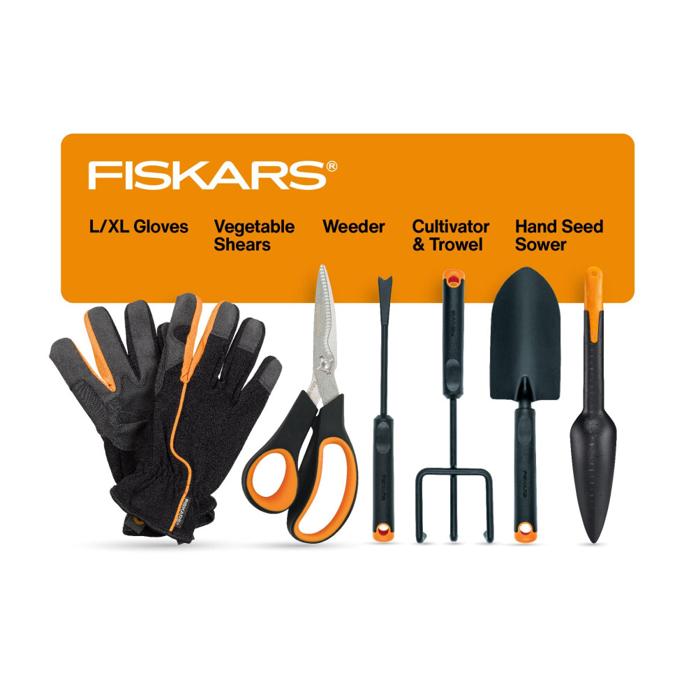 Fiskars Vegetable Garden Tool Set with Vegetable Shears  Seed Sower  Trowel  Cultivator  Weeder  and LXL Garden Gloves for Indo