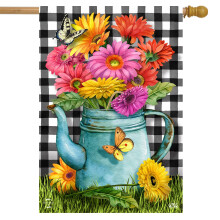Briarwood Lane Gerber Daisy Watering Can Spring House Flag Checkered 28"""" x 40""""