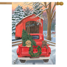 Winter Puppy Pickup House Flag Christmas Plaid 28"""" x 40"""" Briarwood Lane