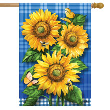Briarwood Lane Blue Sunflowers Summer House Flag Plaid Floral 28"""" x 40""""