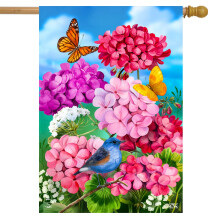 Briarwood Lane Geraniums in Bloom Spring House Flag Floral Birds 28"""" x 40""""