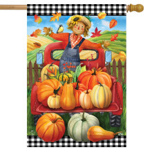 Briarwood Lane Pumpkin Pickup Scarecrow Fall House Flag Checkered Autumn 28"""" x 40""""