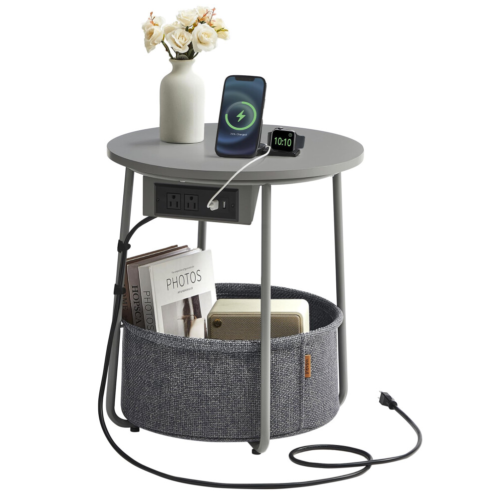 VASAGLE Side Table with Charging Station  Round End Table With Fabric Basket  Nightstand with Power Outlets USB Ports  for Livin