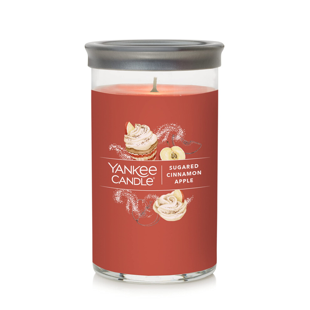 Yankee Candle Sugared Cinnamon Apple Signature Medium Pillar Candle  1425oz  Red  Soy Wax Blend  Metal Lid Coaster  Home