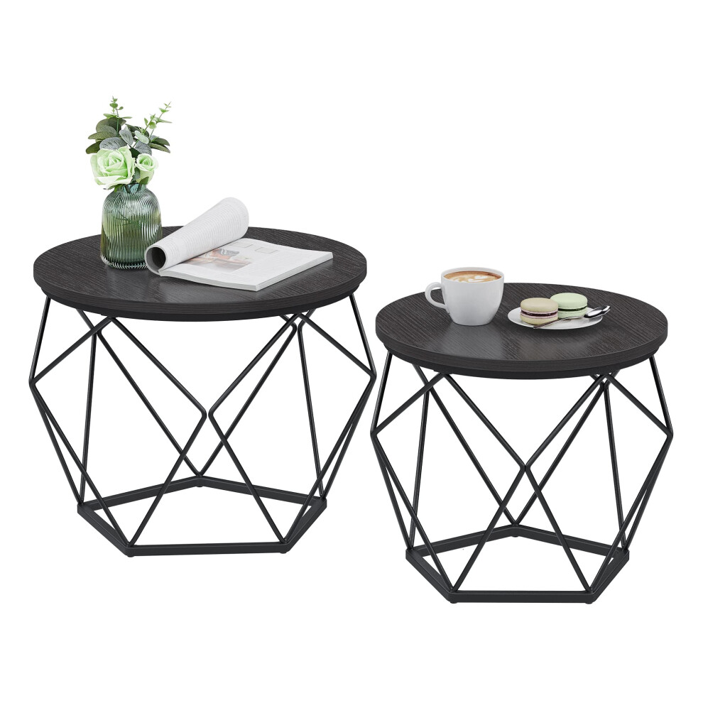 VASAGLE Small Coffee Table Set of 2  Round Coffee Table with Steel Frame  Side End Table for Living Room  Bedroom  Office  Charc