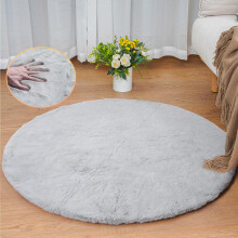 ORINOVA Grey Round Rug 3ft Machine Washable Shaggy Area Rugs for Living Room Faux Bunny Fluffy Fur Rug for Bedroom Small Circle